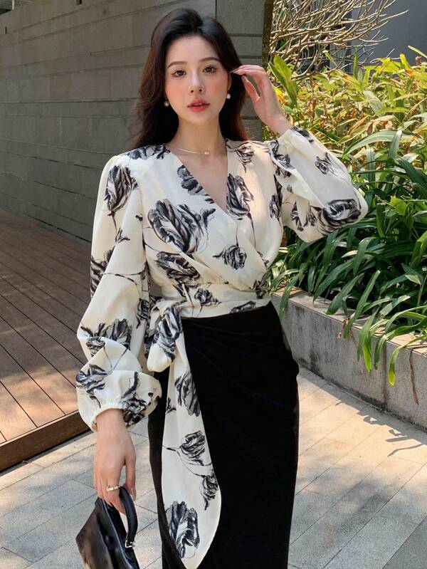 DAZY Floral Print Lantern Sleeve Knot Side Wrap Blouse,Fall Clothes,Back To School Clothes
