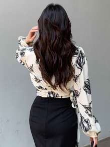 DAZY 印花灯笼袖侧边系带衬衫，秋季服装，返校服装长袖上衣图案T恤 - 彩色 - 查看 2