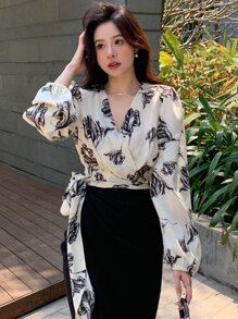 DAZY 印花灯笼袖侧边系带衬衫，秋季服装，返校服装长袖上衣图案T恤 - 彩色 - 查看 3