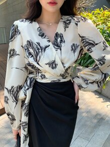 DAZY 印花灯笼袖侧边系带衬衫，秋季服装，返校服装长袖上衣图案T恤 - 彩色 - 查看 5