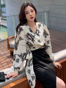 DAZY 印花灯笼袖侧边系带衬衫，秋季服装，返校服装长袖上衣图案T恤 - 彩色 - 查看 6