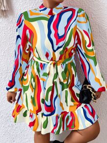 SHEIN Clasi Vestido con cinturón con estampado bajo con fruncido - Multicolor - Ver 1