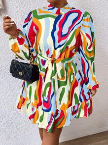 SHEIN Clasi Vestido con cinturón con estampado bajo con fruncido - Multicolor - Ver 3