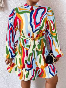 SHEIN Clasi Vestido con cinturón con estampado bajo con fruncido - Multicolor - Ver 4