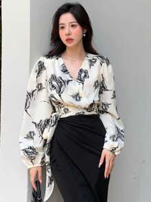 DAZY 印花灯笼袖侧边系带衬衫，秋季服装，返校服装长袖上衣图案T恤 - 彩色 - 查看 7
