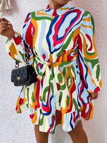 SHEIN Clasi Vestido con cinturón con estampado bajo con fruncido - Multicolor - Ver 5