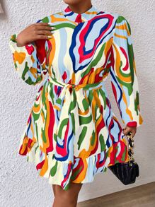 SHEIN Clasi Vestido con cinturón con estampado bajo con fruncido - Multicolor - Ver 6