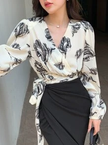 DAZY 印花灯笼袖侧边系带衬衫，秋季服装，返校服装长袖上衣图案T恤 - 彩色 - 查看 8