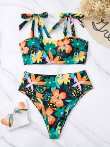 印花肩上打結比基尼泳裝 - 彩色 - 查看 1