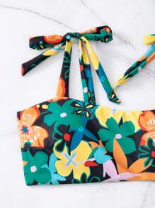 印花肩上打結比基尼泳裝 - 彩色 - 查看 4