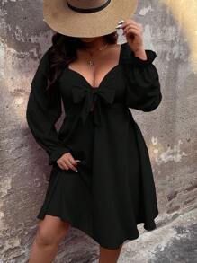 EMERY ROSE Vestido escote corazón con nudo delantero de manga con volante - Negro - Ver 4