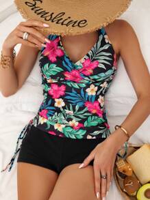 Swim Lushoire Summer Beach Tropical Print Drawstring Side Halter Tankini - Multicolor - View 1