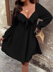 EMERY ROSE Vestido escote corazón con nudo delantero de manga con volante - Negro - Ver 5