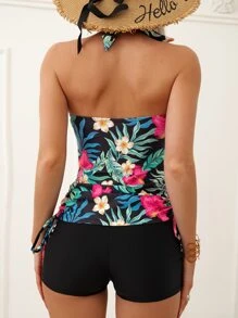 Swim Lushoire Summer Beach Tropical Print Drawstring Side Halter Tankini - Multicolor - View 2