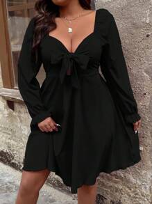 EMERY ROSE Vestido escote corazón con nudo delantero de manga con volante - Negro - Ver 7