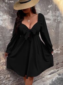 EMERY ROSE Vestido escote corazón con nudo delantero de manga con volante - Negro - Ver 8