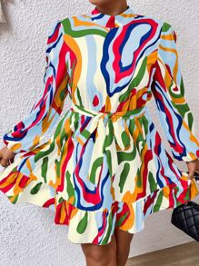 SHEIN Clasi Vestido con cinturón con estampado bajo con fruncido - Multicolor - Ver 8