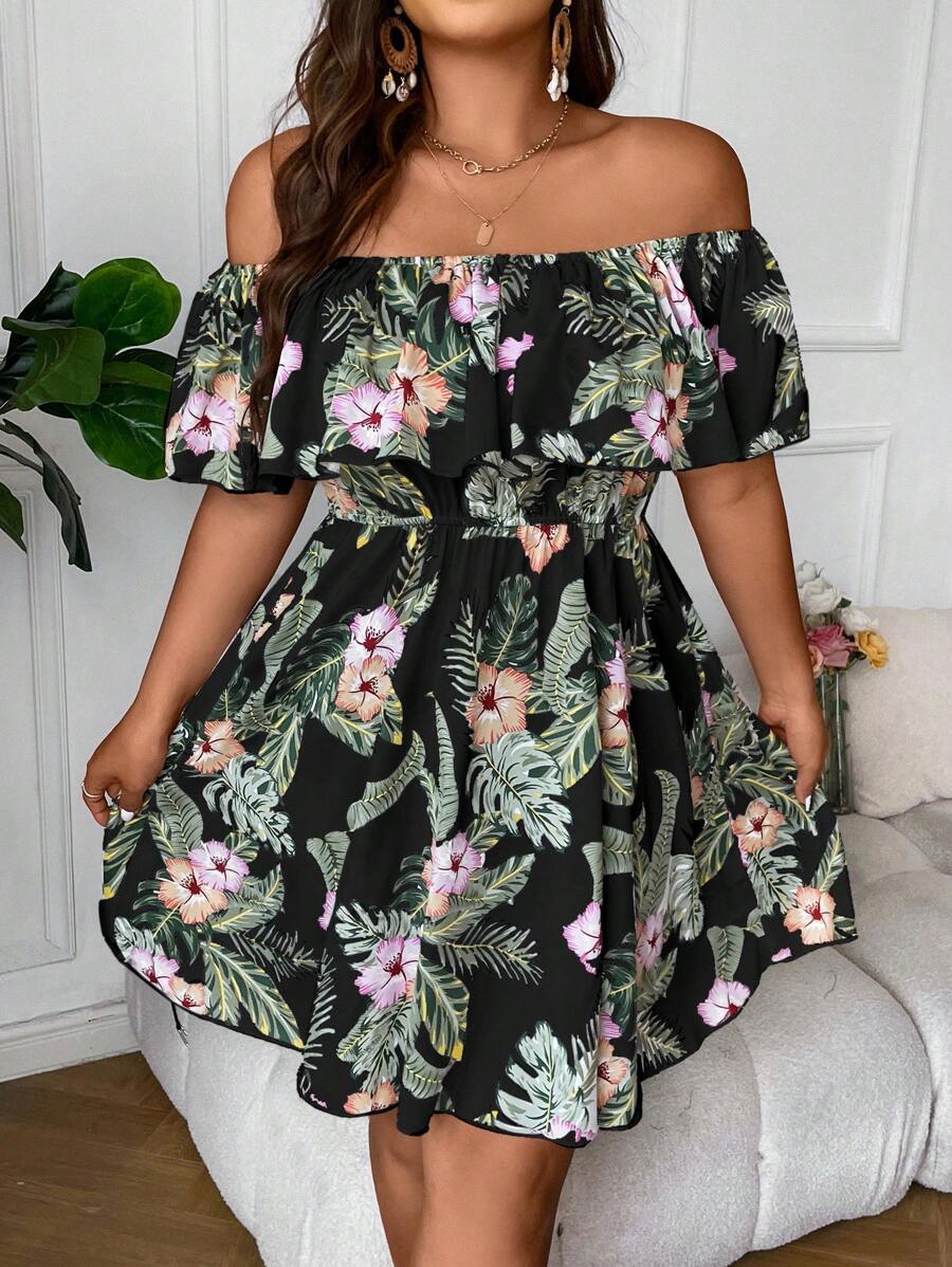 SHEIN Clasi Plus Tropical Print Off Shoulder Ruffle Trim Summer Boho Dress - Multicolor - View 1