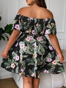 SHEIN Clasi Plus Tropical Print Off Shoulder Ruffle Trim Summer Boho Dress - Multicolor - View 2