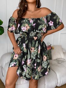 SHEIN Clasi Plus Tropical Print Off Shoulder Ruffle Trim Summer Boho Dress - Multicolor - View 3