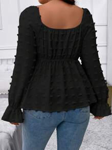 SHEIN Clasi Plus Swiss Dot 抽绳前荷叶边袖荷叶边挤奶女工衬衫荷叶边上衣 - 黑色 - 查看 2