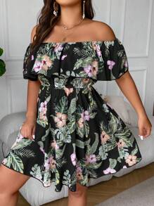 SHEIN Clasi Plus Tropical Print Off Shoulder Ruffle Trim Summer Boho Dress - Multicolor - View 6