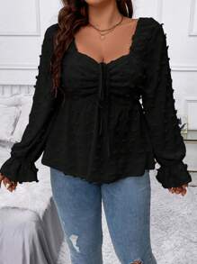 SHEIN Clasi Plus Swiss Dot 抽绳前荷叶边袖荷叶边挤奶女工衬衫荷叶边上衣 - 黑色 - 查看 6