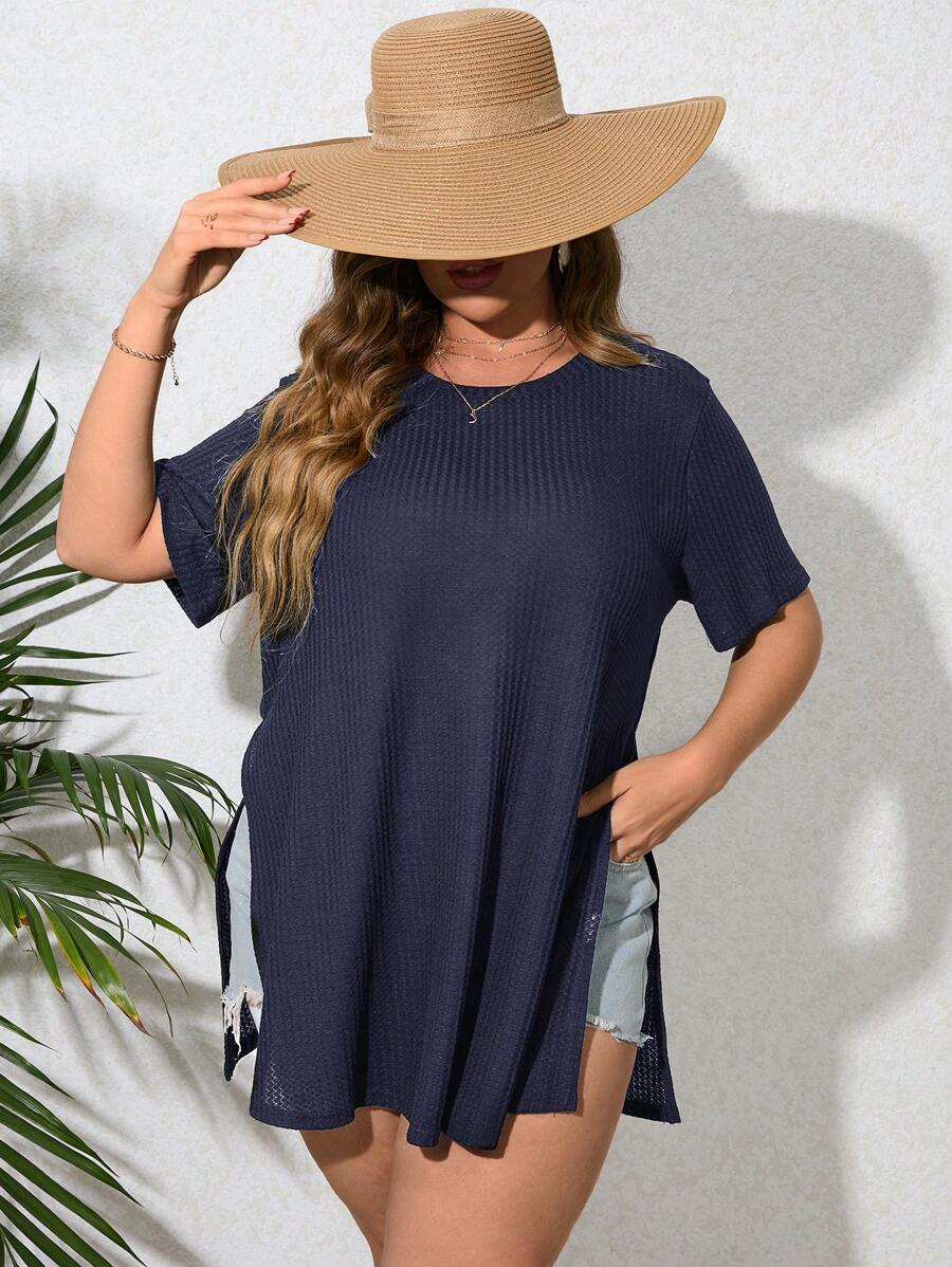 SHEIN LUNE 大碼下擺開叉華夫格編織T恤 - 藏蓝色 - 查看 1