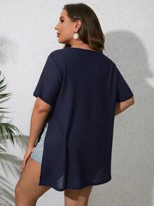 SHEIN LUNE 大碼下擺開叉華夫格編織T恤 - 藏蓝色 - 查看 2