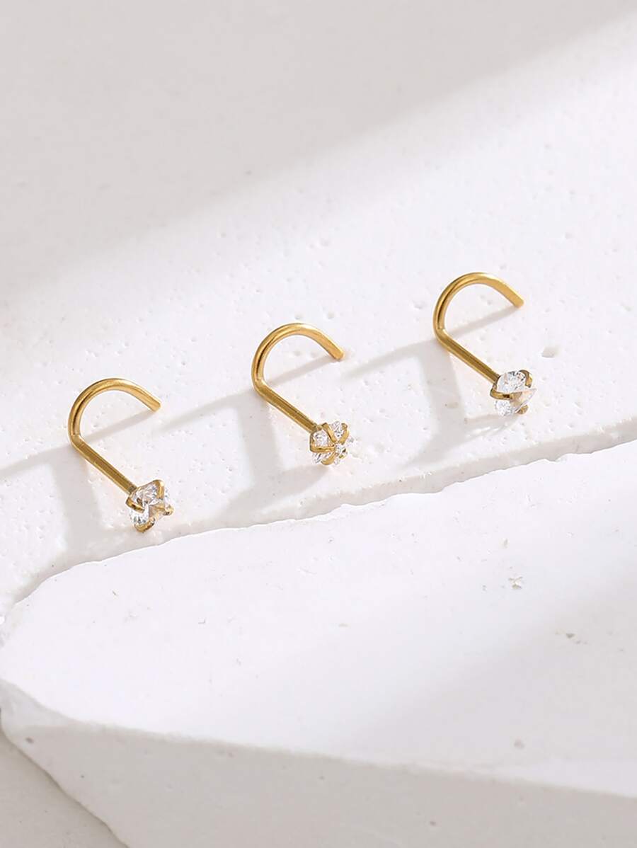 3入組/套方晶鋯石裝飾鼻釘 - 金色 - 查看 1