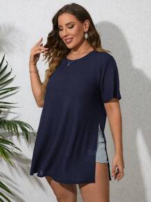 SHEIN LUNE 大碼下擺開叉華夫格編織T恤 - 藏蓝色 - 查看 5