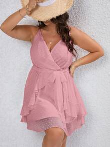 SHEIN VCAY Plus Swiss Dot Belted Cami Dress - Pink - View 1