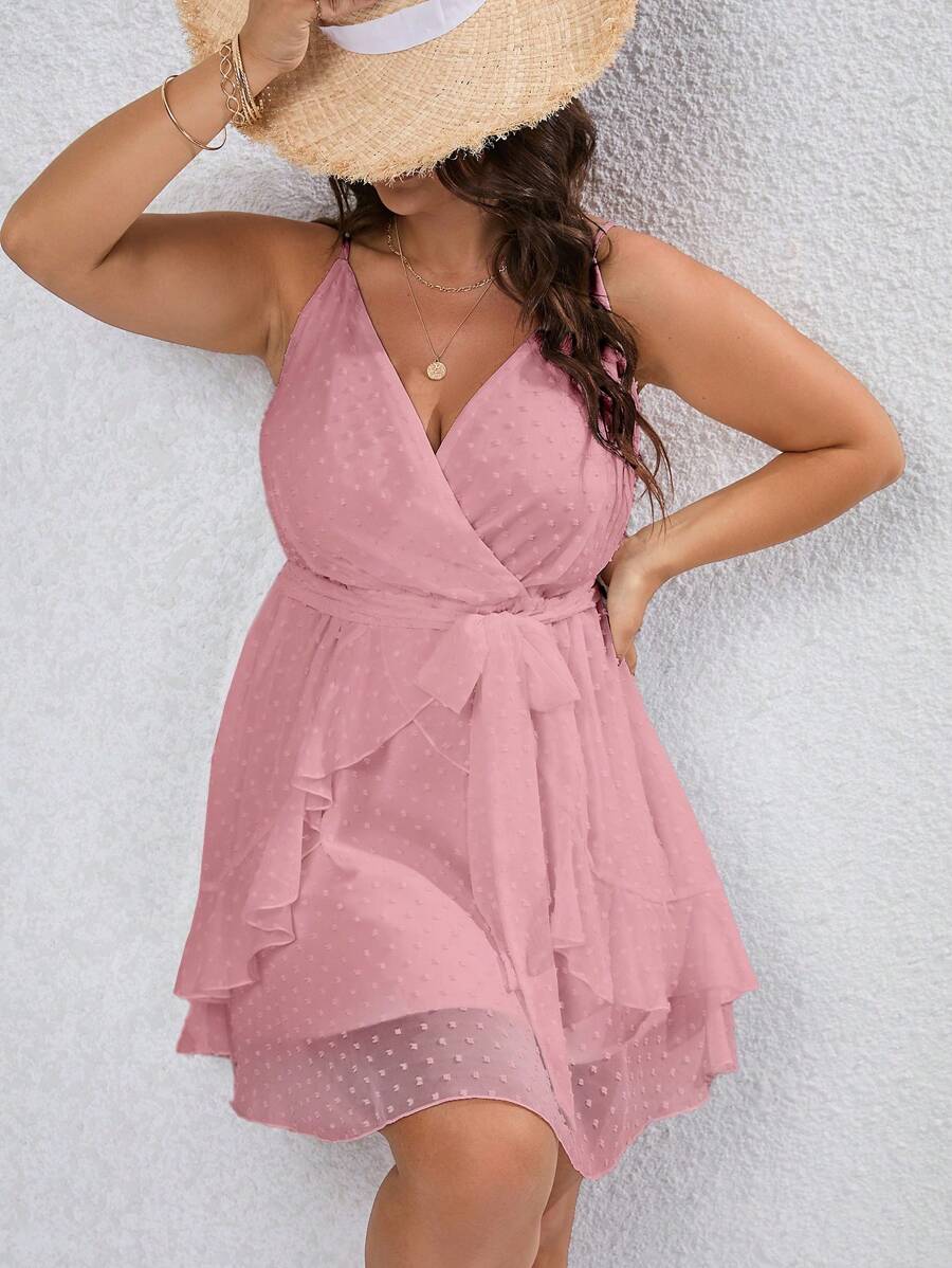 SHEIN VCAY Plus Swiss Dot Belted Cami Dress - Pink - View 1