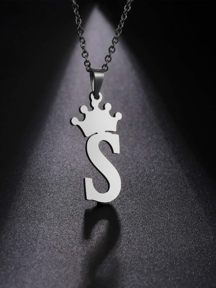 1pc Fashionable Stainless Steel Crown & Letter Charm Necklace For Women For Daily Decoration