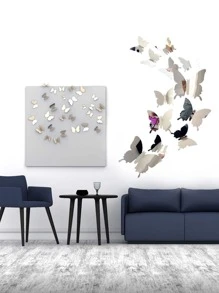 12pcs 3D Mirror Butterfly Sticker, PVC Wall Art Decoration, For Home Decor - Silver - View 3