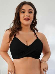 SHEIN Swim Curve Plus Solid Twist Front Bikini Top, For Summer Beach Vacation - Black - View 1