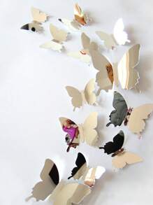 12pcs 3D Mirror Butterfly Sticker, PVC Wall Art Decoration, For Home Decor - Silver - View 2