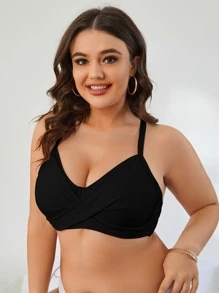 SHEIN Swim Curve Plus Solid Twist Front Bikini Top, For Summer Beach Vacation - Black - View 3