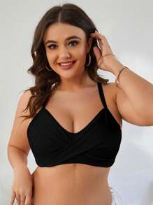 SHEIN Swim Curve Plus Solid Twist Front Bikini Top, For Summer Beach Vacation - Black - View 5