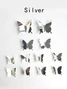 12pcs 3D Mirror Butterfly Sticker, PVC Wall Art Decoration, For Home Decor - Silver - View 8