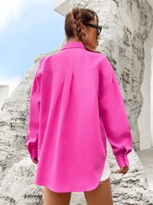 SHEIN EZwear 素色落肩袖口袋貼布前紐扣襯衫 - 玫紅色 - 查看 2