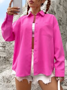 SHEIN EZwear 素色落肩袖口袋貼布前紐扣襯衫 - 玫紅色 - 查看 4