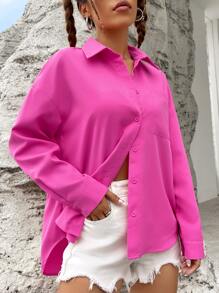 SHEIN EZwear 素色落肩袖口袋貼布前紐扣襯衫 - 玫紅色 - 查看 6