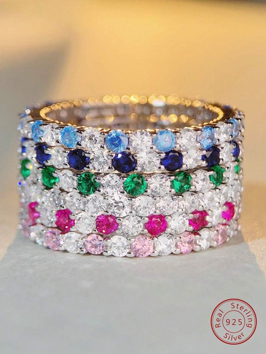 ESBERRY 1枚闪亮绿色锆石订婚/结婚戒指，女士925纯银承诺/永恒戒指，精致珠宝，派对/约会礼物