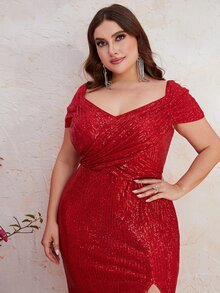 YISIKADO 大碼雞心領口高衩亮片正式連衣裙 - 紅色 - 查看 3