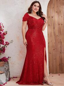 YISIKADO 大碼雞心領口高衩亮片正式連衣裙 - 紅色 - 查看 6