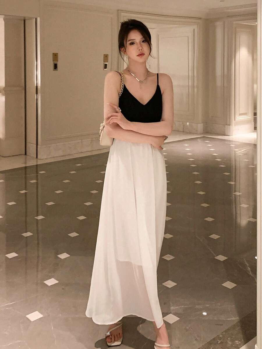 DAZY Váy yếm hở lưng Colorblock Đầm dạ hội dự tiệc cho nữ Đầm dạ hội - Đen và trắng - Xem 1