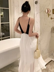 DAZY Váy yếm hở lưng Colorblock Đầm dạ hội dự tiệc cho nữ Đầm dạ hội - Đen và trắng - Xem 2
