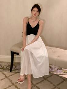 DAZY Váy yếm hở lưng Colorblock Đầm dạ hội dự tiệc cho nữ Đầm dạ hội - Đen và trắng - Xem 4