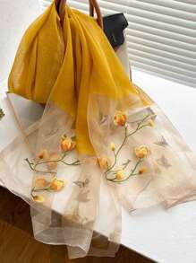 1pc Women Floral Embroidered Fashion Scarf, For Daily Life Elegant,Beach,Holiday - Yellow - View 4